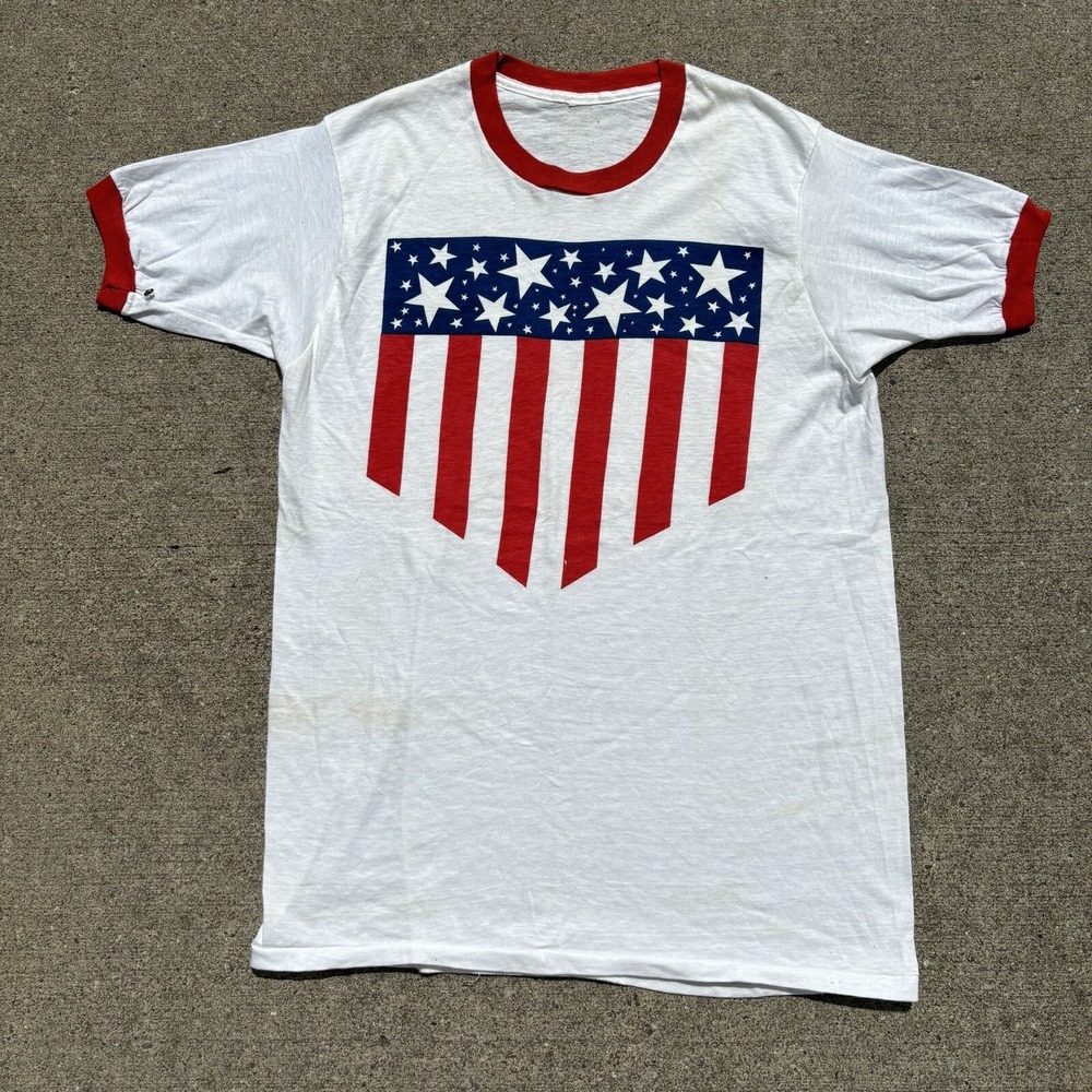 Vintage 70s USA American Flag Ringer T-Shirt Medium White Patriotic 4th Of July
